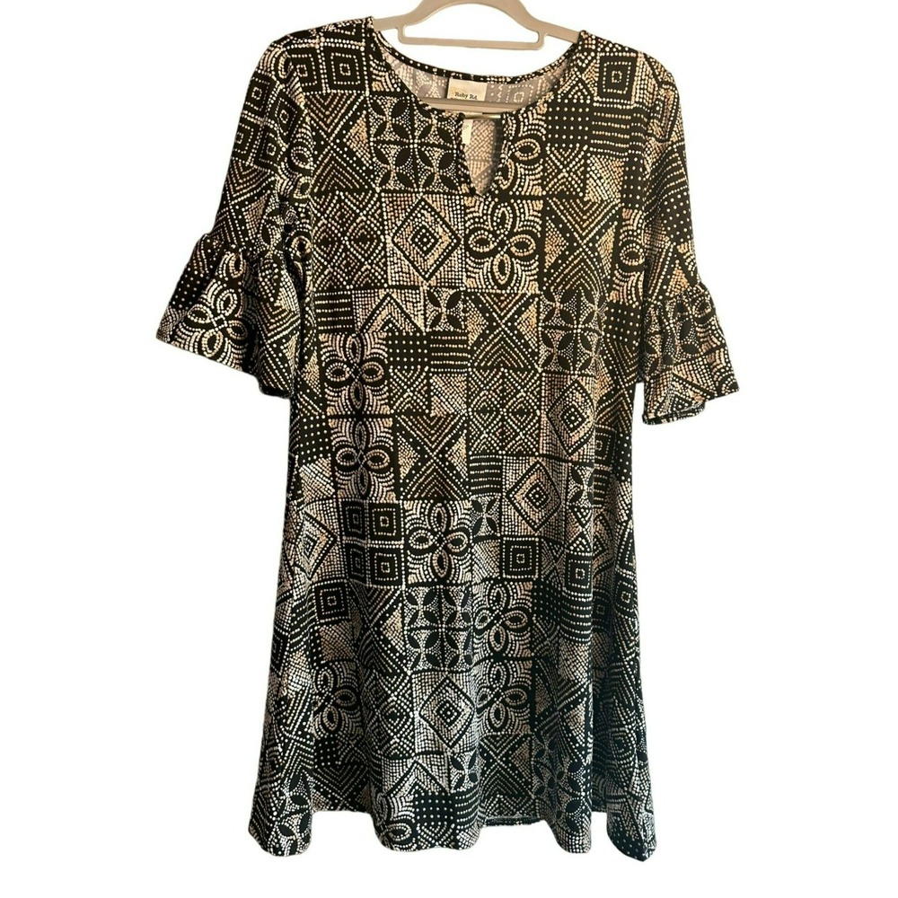 Ruby Rd Small Black Dotted Abstract Midi Dress Ruffled Sleeve Soft Flow